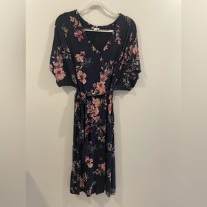 J Jill Navy Floral Jersey Dolman Sleeve Belted Dress with Pockets Size XL Petite